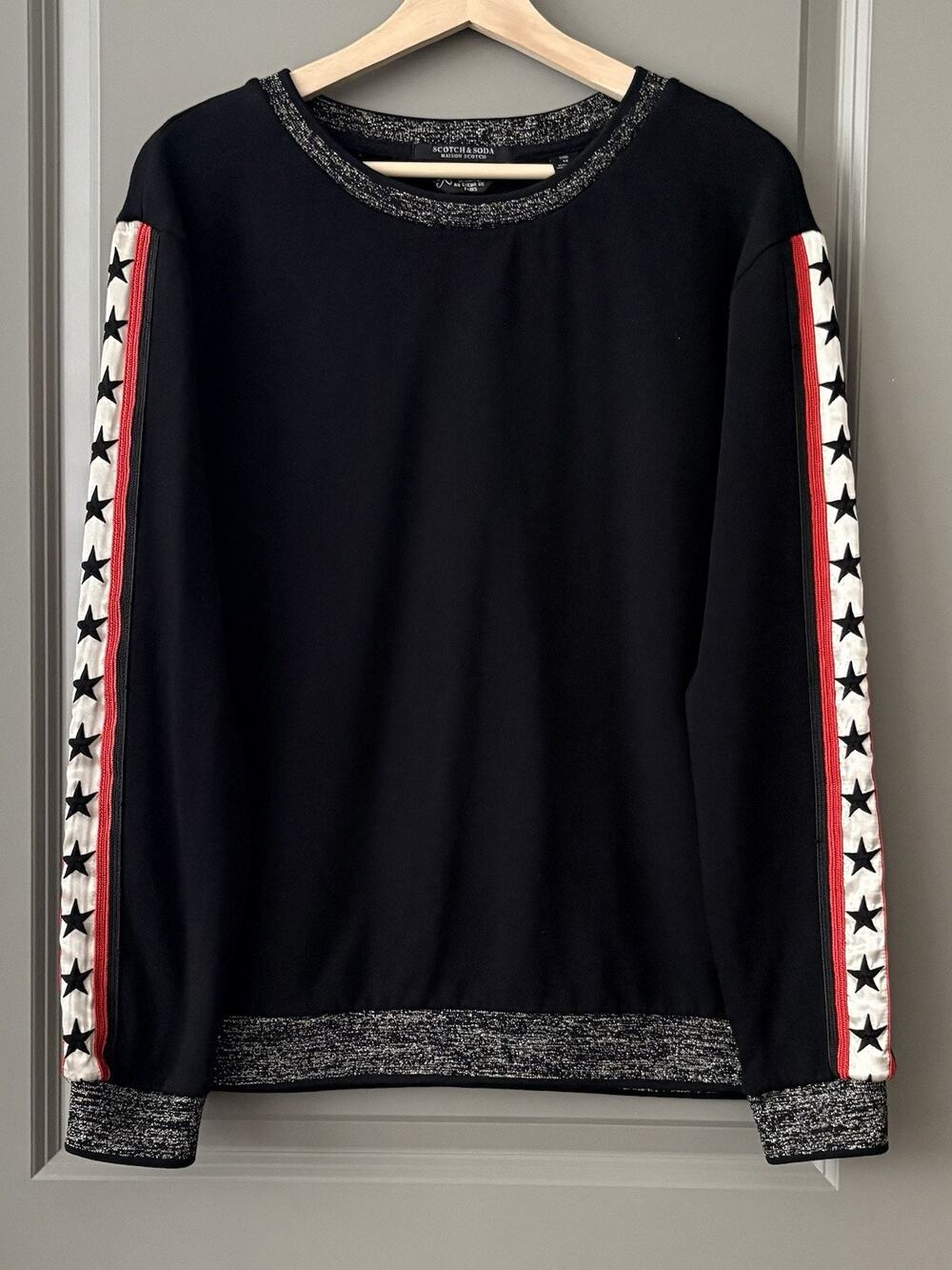 Scotch & Soda Maison Scotch Black Sweatshirt Star Sleeve Metallic Trim Women’s M